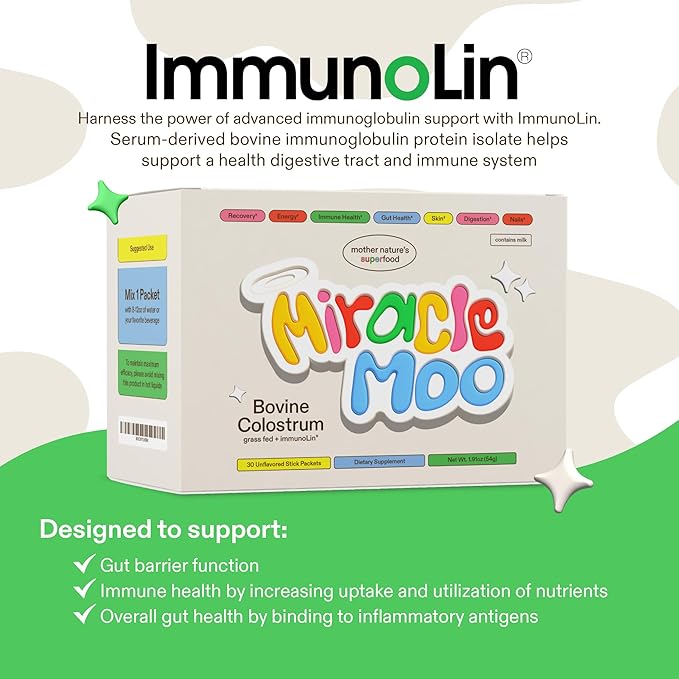Colostrum Supplement for Gut Health, Hair Growth, Beauty and Immune Support - Easy to Mix Grass Fed Bovine Powder - Highest IgG Plus ImmunoLin, Unflavored (30 Servings)