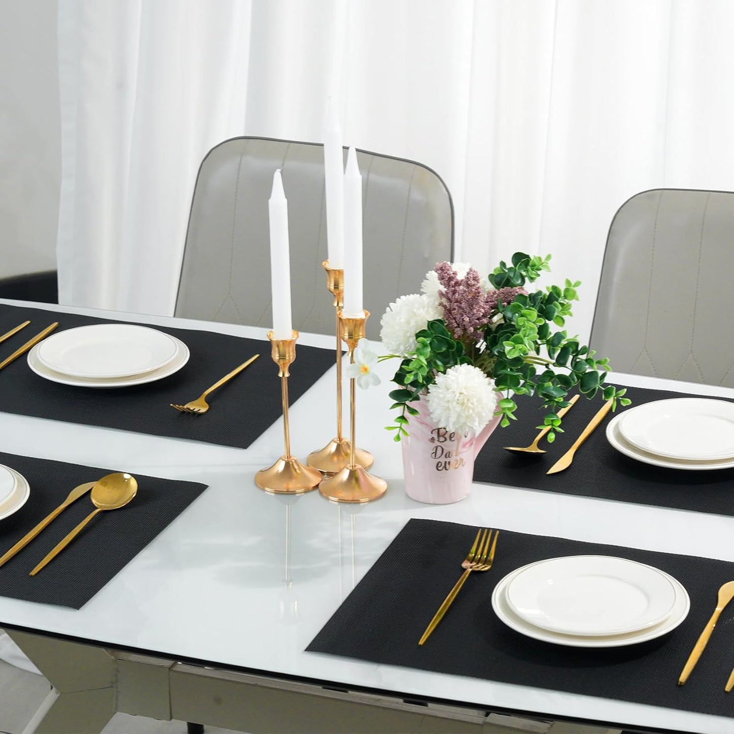 Placemats Set of 6,Non-Slip PVC Weave Table Mats Easy to Clean,Heat Resistant Place Mats for Kitchen Dining Table Decoration Indoor Outdoor,Black