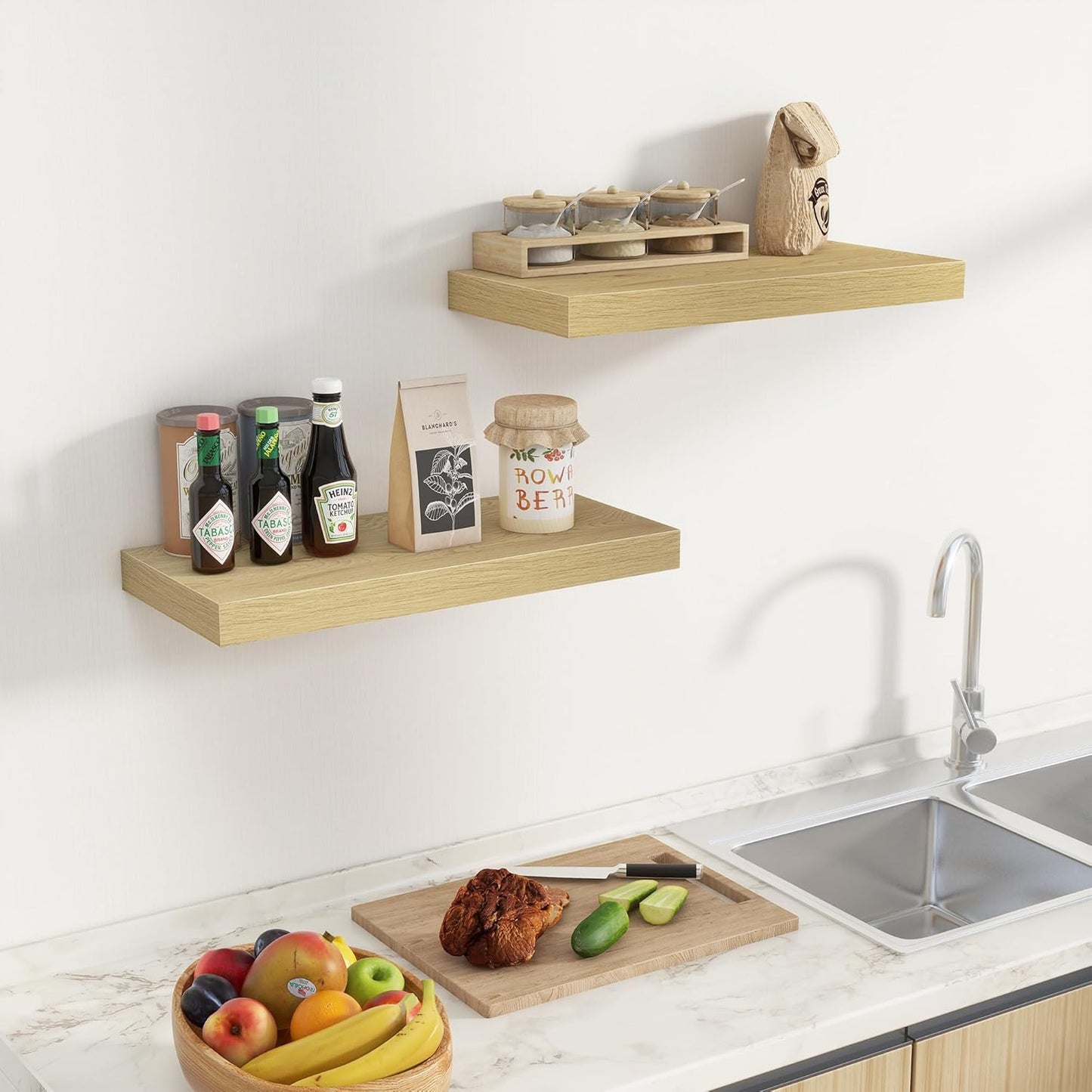 Fun Memories 24 Inch Floating Shelves Wall Mounted, 10 Inch Deep Wall Shelves, 24 x 10 Floating Shelf for Living Room Bathroom Bedroom, Oak, Set of 2