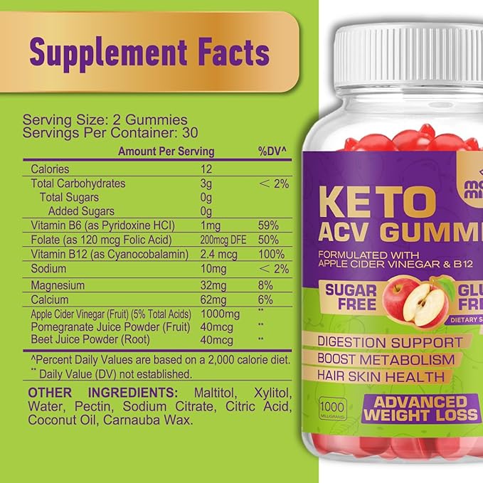 Keto ACV Gummies Gluten & Sugar-Free Apple Cider Vinegar Gummies for Advanced Weight Loss - Rapid Fat Burner Diet Supplement for Women Men - 60 Gummies (1000MG)