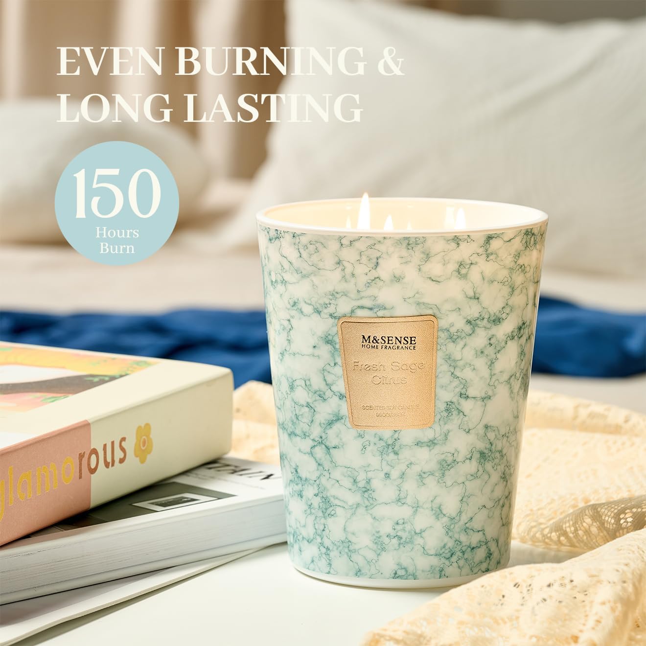 M&SENSE FreshSage Citrus Scented Candles for Home, 3-Wick Highly Scented Jar Candles, Extra Large Candle 35 Oz 150 Hours Long Lasting Burning, Relaxing Aromatherapy Candle for Stress Relief,Meditation