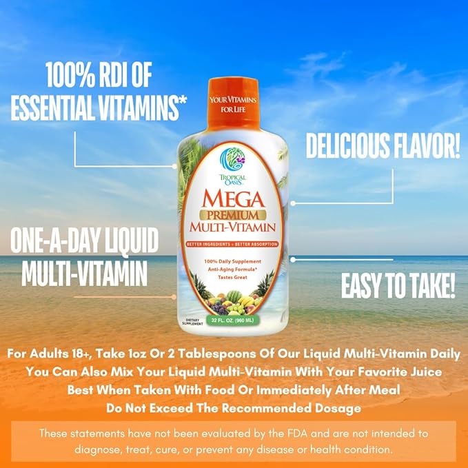 Mega Premium Liquid Multivitamin 1333% Vitamin 200% D3, D3, Zinc 20 Vitamins, 70 Minerals, 21 Amino 98% Absorption 32 Serv