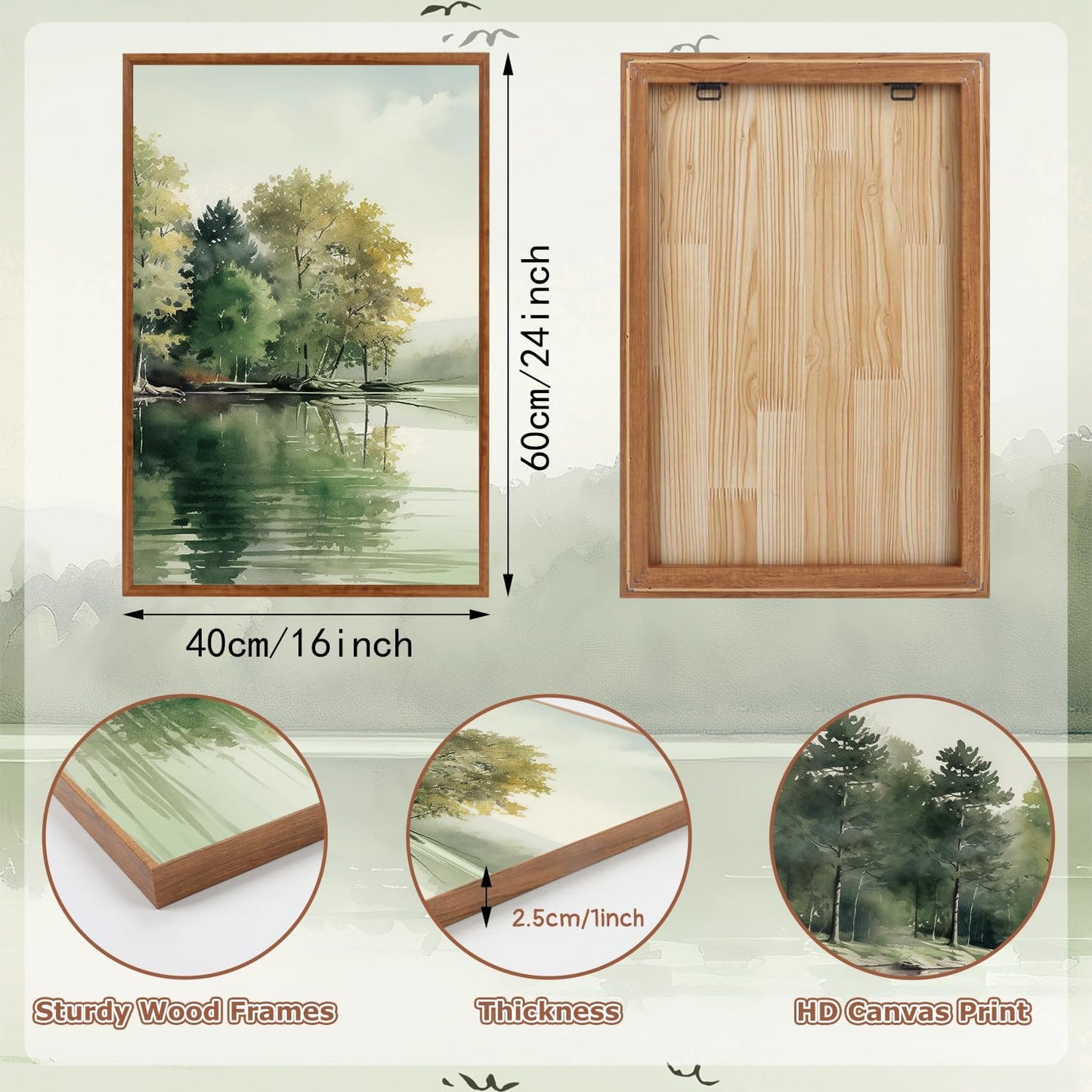 KAIRNE Framed Nature Canvas Wall Art Set,Misty Forest Wall Decor,Green Mountain Forest Pictures,Lake Water Painting set of 3(16”x24”),Landscape Scene Print for Living Room, Bedroom,Gallery Decor