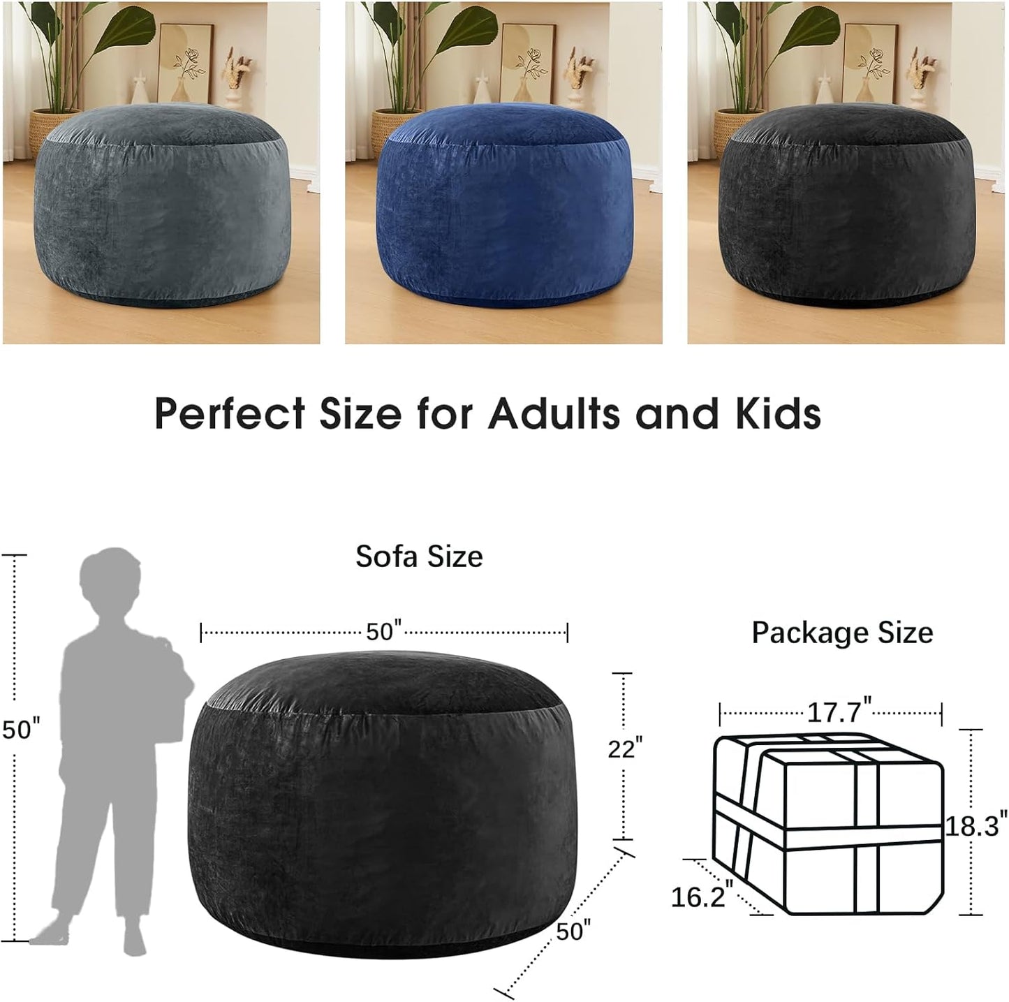 Bean Bag Chairs for Adults - Memory Foam Furniture BeanBag Chair - Kids/Teens Sofa with Soft Micro Fiber Cover - Round Fluffy Couch for Living Room Bedroom College Dorm - 5 ft, Carbon Black