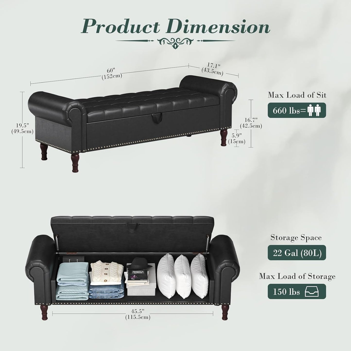 Apicizon 60”Storage Benches, Queen Size Faux Leather Bed Bench with Tufted Button, Upholstered Bench with Rolled Arm and Vintage Rivets for Foot of Bed, Living Room, Entrance,Black