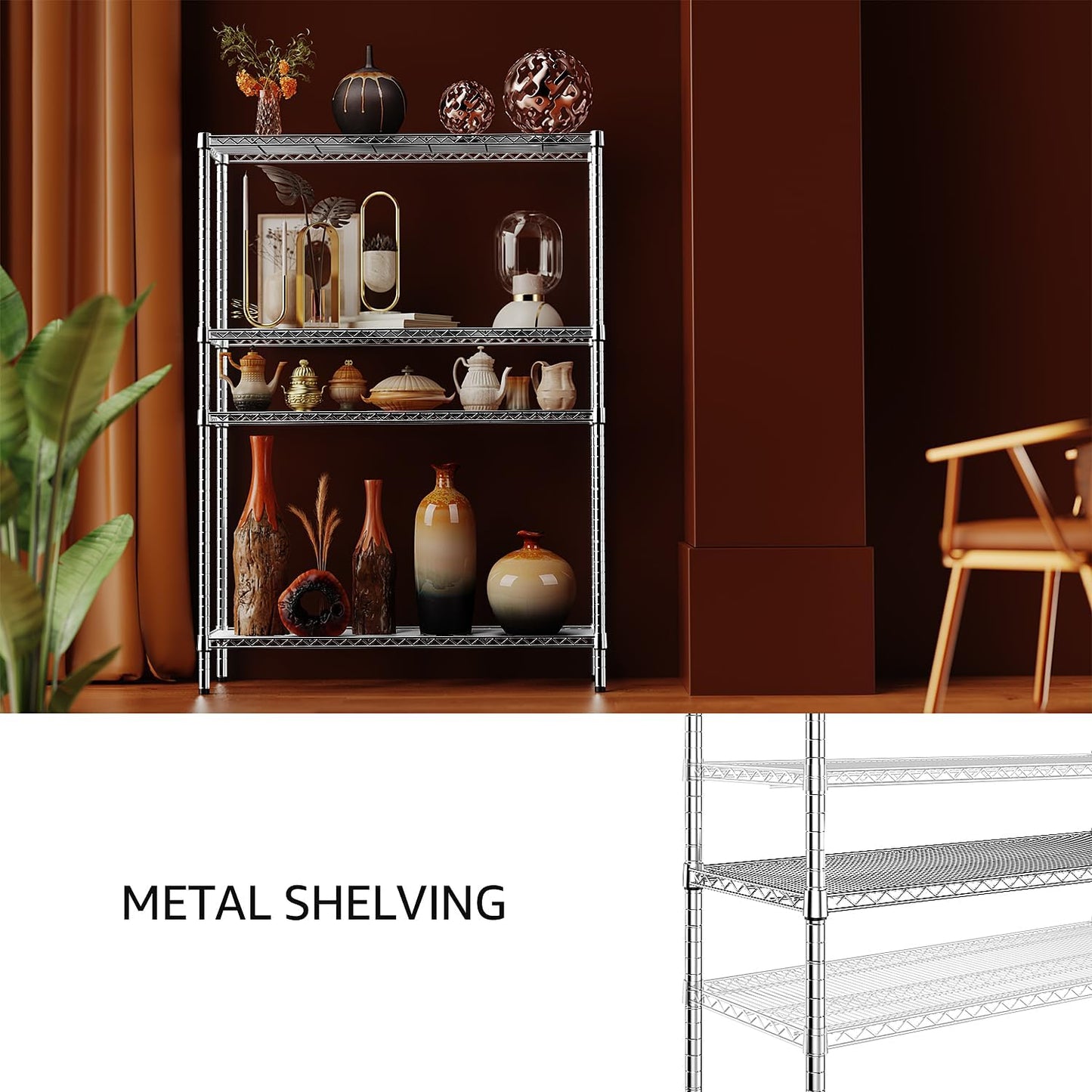 IZEUK 3400 LBS Garage Shelving Wide Storage Shelves 4 Tier Metal Shelves Heavy Duty Adjustable Utility Shelf Rack Chrome 17.7" D x 59.1" W x 70.4" H