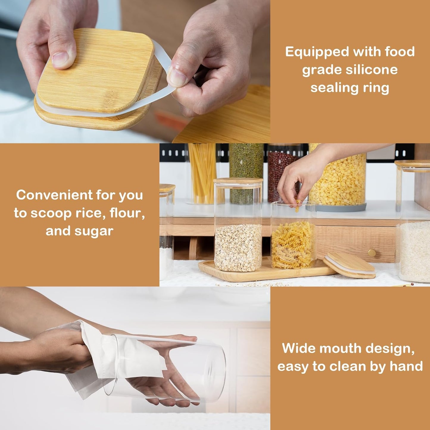 22oz Airtight Square Spice Containers with Bamboo Lid Set of 6 (650ml) Kitchen Pantry Organization Jar Stackable Spice Jar, for Sugar, Tea, Cookies and Coffee beans (with Black Lable)