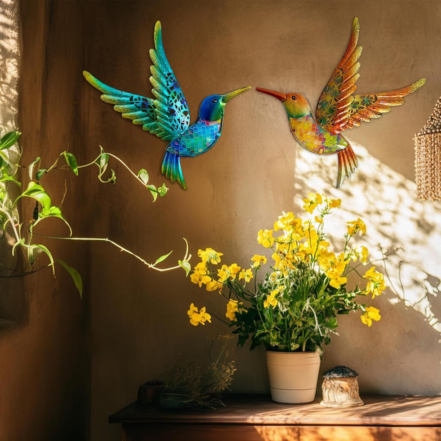 HONGLAND Metal Hummingbird Wall Art 12inch Metal Birds Wall Sculpture Garden Decoration Outdoor Statue Patio Fence Hanging Plaques 2 Pack(Multicolor)