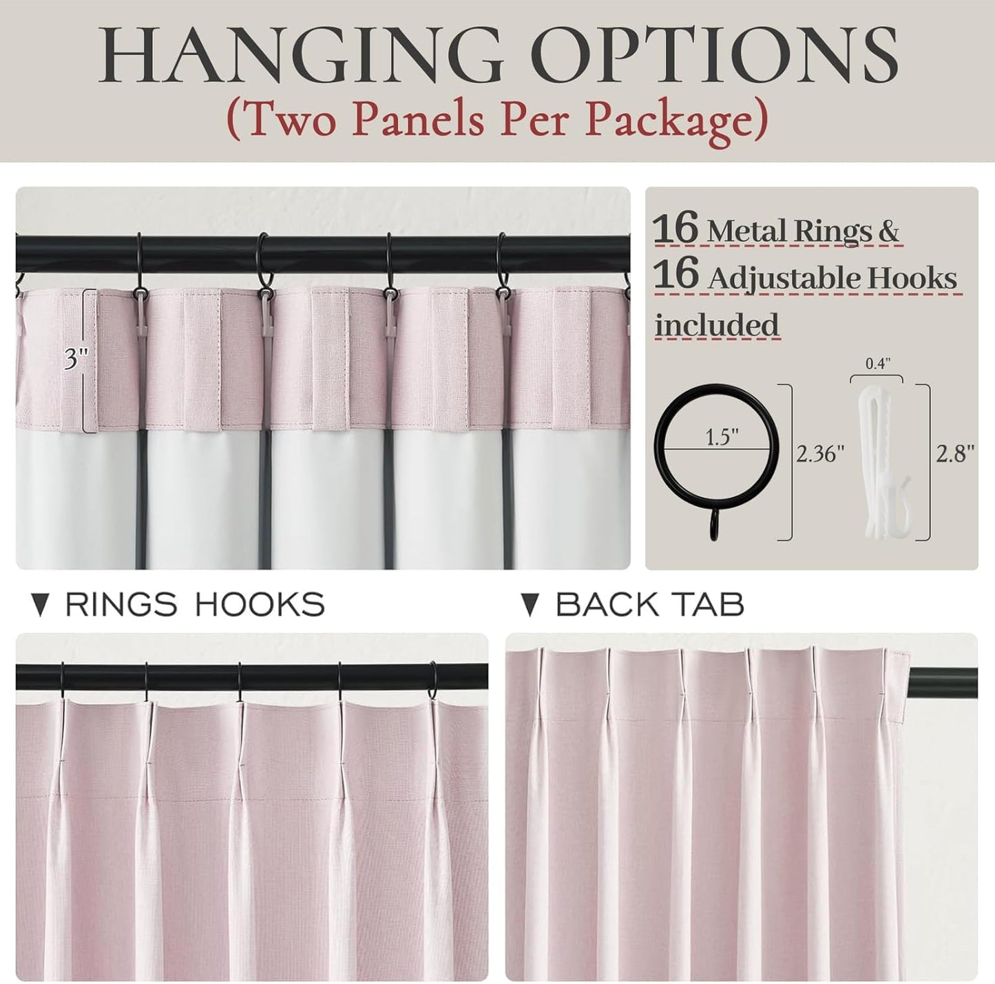 Baby Pink Linen Nursery Curtains 2 Panels Pinch Pleated 102 Inches Long, Thermal Blackout Curtains White Backing Princess Room Darkening Drapes Fabric Thick for Bedroom Windows Treatment(40"Wx102"L)