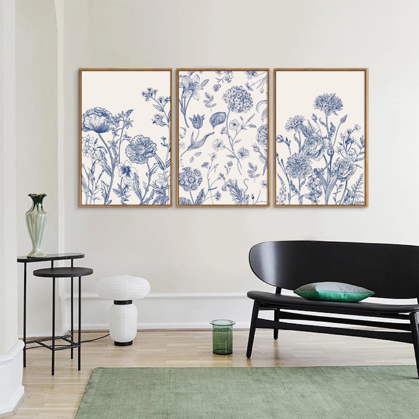 Tinonedraw Large Classic Chinoiserie Flower Framed Canvas Wall Art Set, Navy Blue and White Floral Wall Decor, Minimalist Neutral Botanical Art Printing for Living Room Bedroom Office Dorm 16"x24"x3
