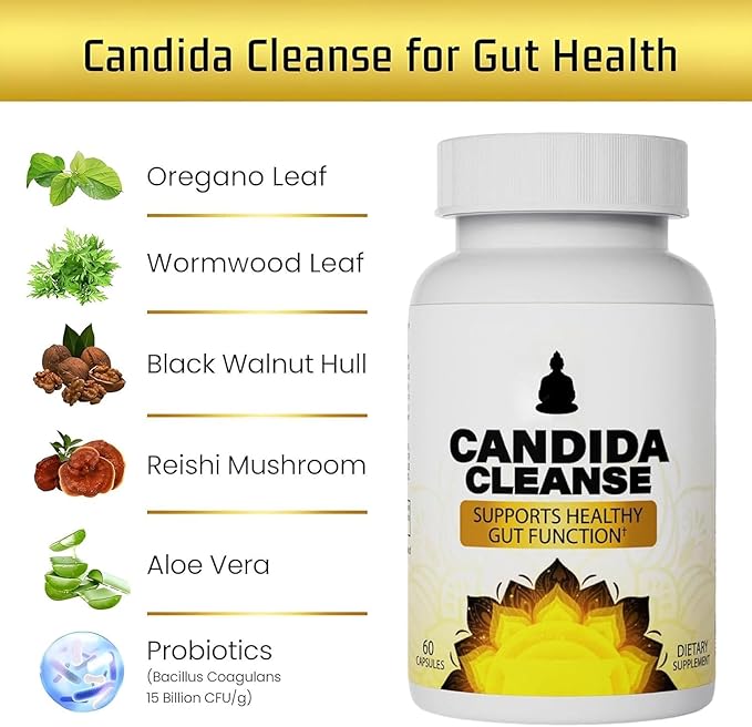 Candida Cleanse - Gut & Colon Support,Advanced Probiotic & Herbal Formula for Intestinal Detox,Anti Yeast Overgrowth - Oregano Leaf, Wormwood, Black Walnut, Caprylic Acid(60 Capsules) A1