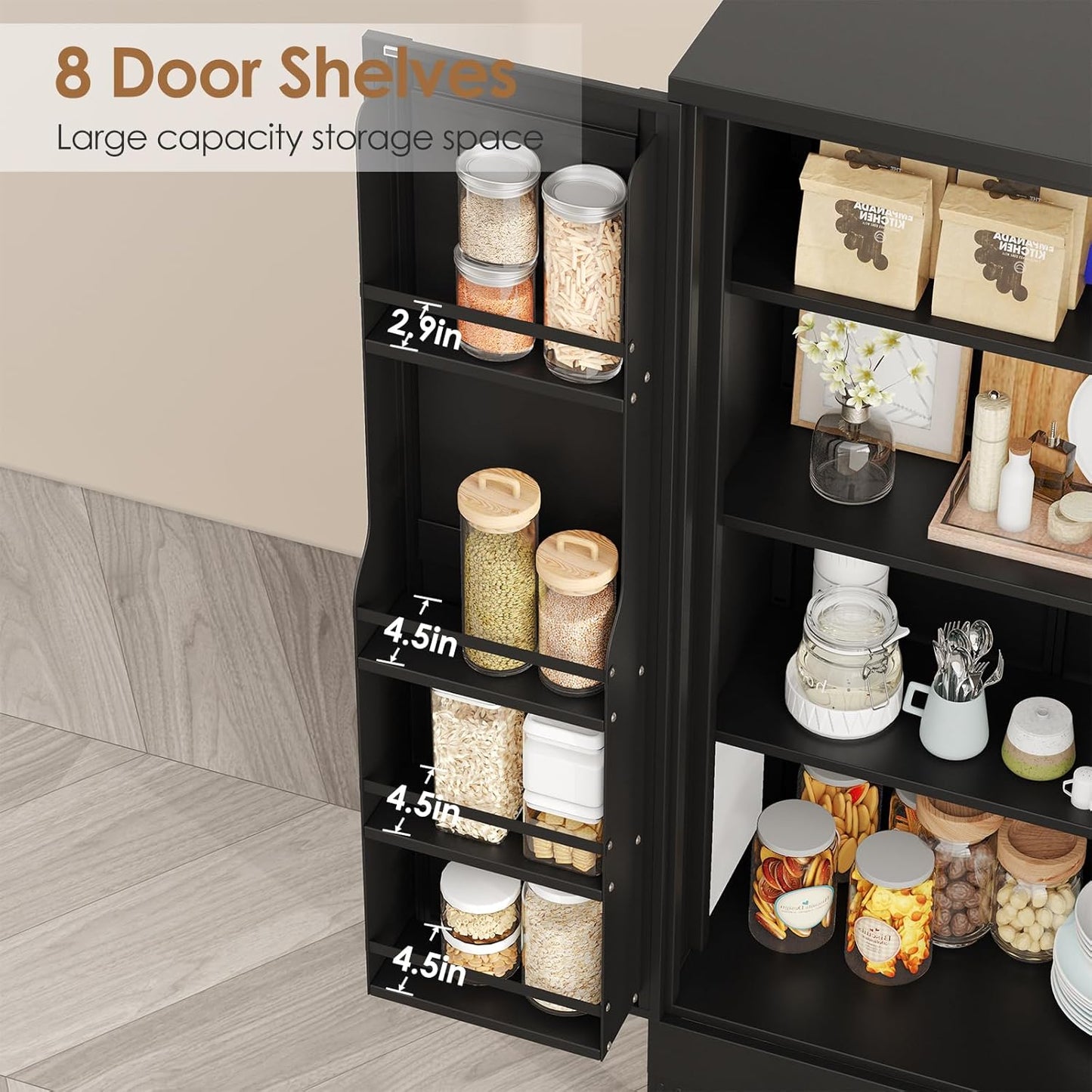 51" Kitchen Pantry Cabinet, Metal Storage Cabinet with 3 Adjustable Layer Shelves, 8 Door Shelves, Buffet Sideboard for Living Room, Kitchen, Black