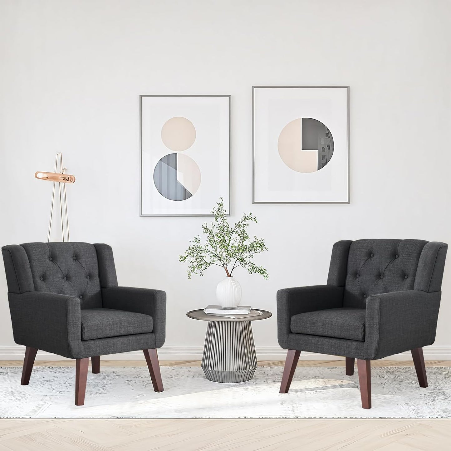 Accent Chair Button-Tufted Upholstered Living Room Chairs Comfy Reading Chair Mid Century Modern Chair with Linen Fabric Lounge Arm Chairs for Living Room Bedroom (Dark Grey)