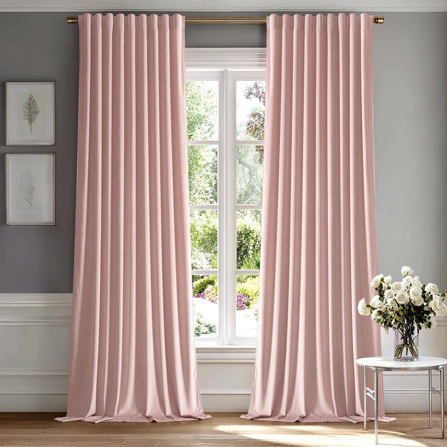 MIULEE Baby Pink Velvet Curtains 90 inches 2 Panels - Luxury Room Darkening Window Drapes for Bedroom Living Room Thermal Insulated Super Soft Blackout, Back Tab Rod Pocket Pinch Pleated, W52 x L90