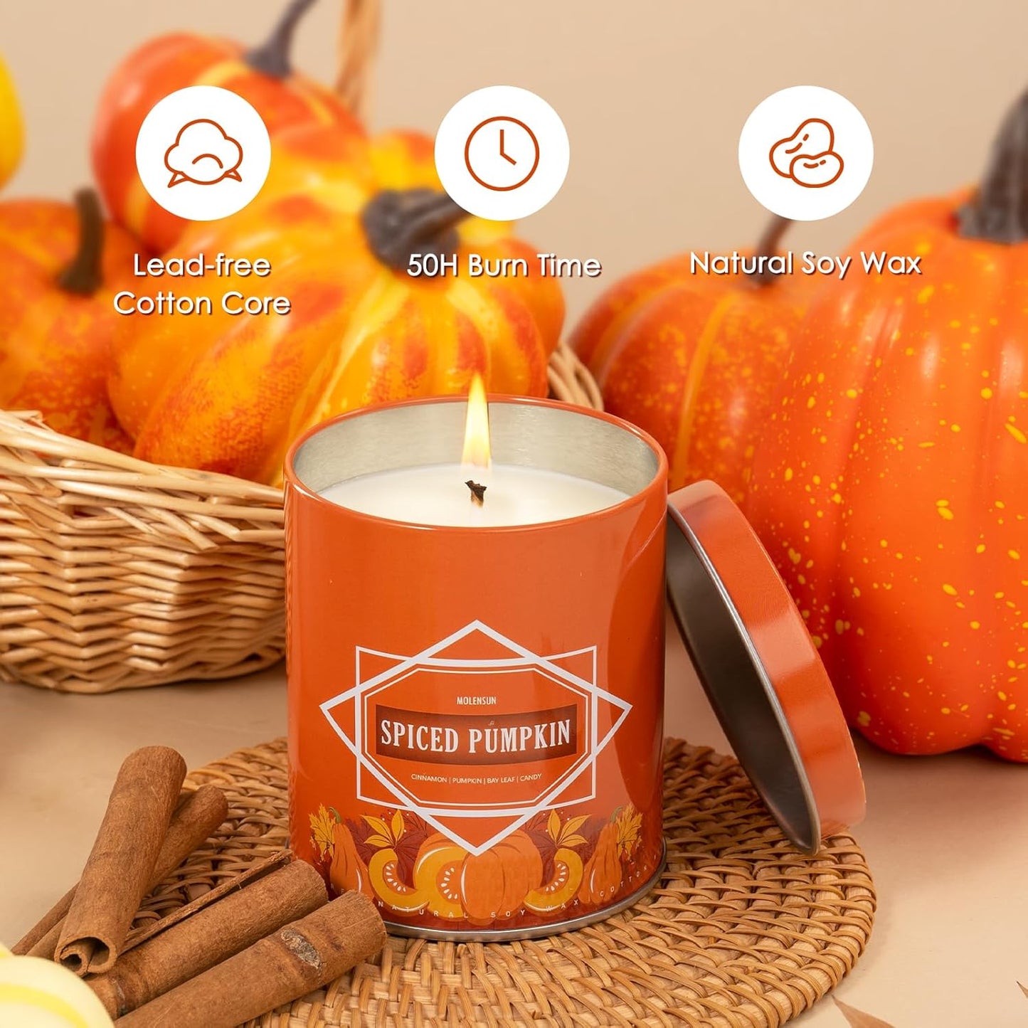 Pumpkin Spice Fall Scented Candle โ 9 oz Soy Wax in Travel-Friendly Reusable Tin, Non-Toxic & Clean Burning, 50-Hour Burn โ Cozy Autumn Fragrance, Holiday Gift & Fall Decor for Women & Men