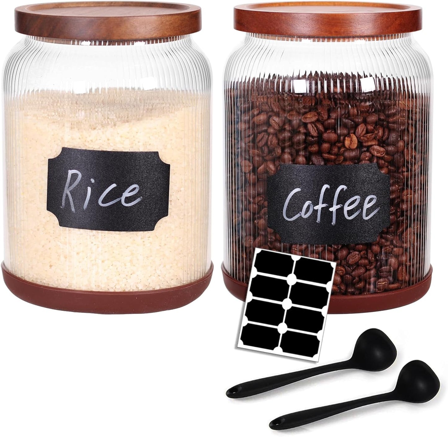 SAIOOL 2-Pack Striped Borosilicate Glass Airtight Canisters - Big mouth Large Capacity, Acacia Wood Lid, Food Storage Jars for Flour, Pasta, Pantry Organization (3/4 Gallon (2 Striped pack))