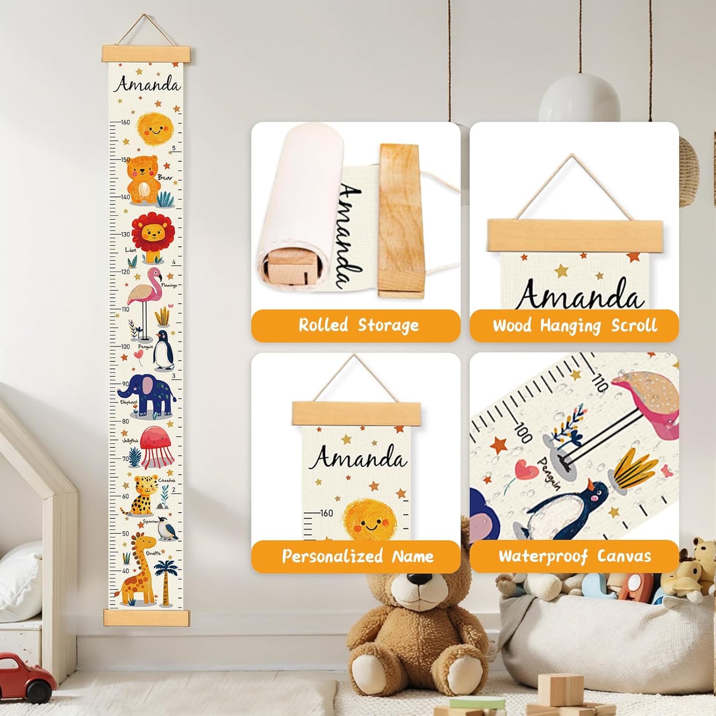 Personalized Name Growth Chart Wall Decor for Kids – Canvas Removable Height Chart Measuring Ruler 59" x 7.9" (Animals)