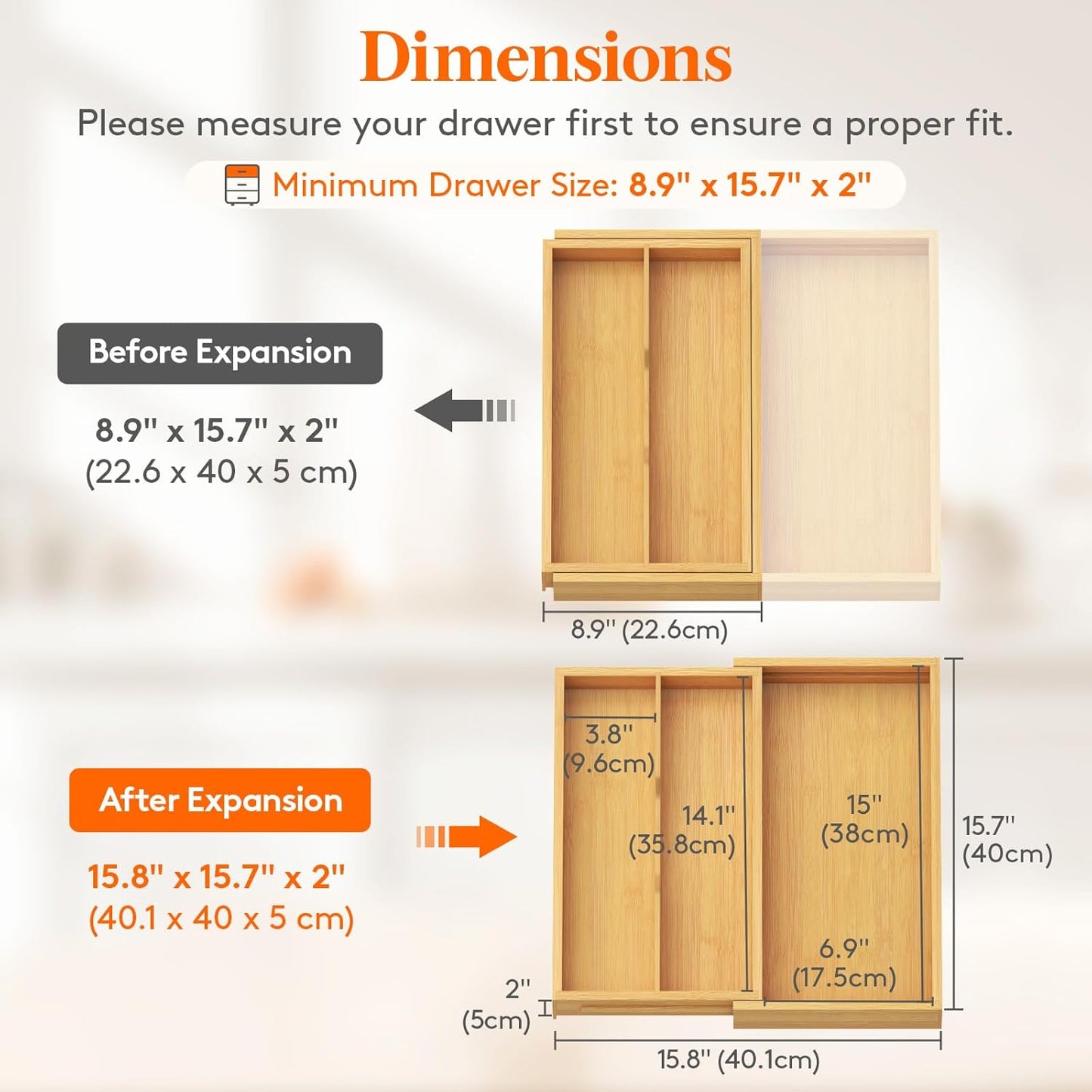 Lifewit Utensil Drawer Organizer, Expendable Cooking Silverware Tray for Kitchen Drawer, Bamboo Adjustable Cutlery Flatware Holder, Spatula Tools and Gadgets Storage Divider, 3 Compartments, Natural