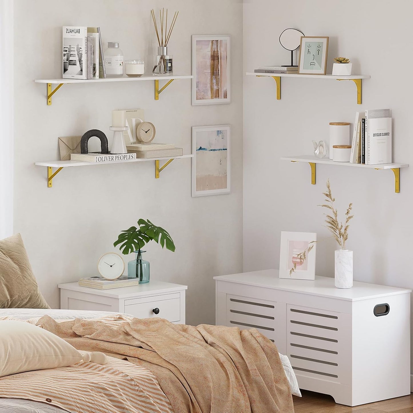 DINZI LVJ Long Wall Shelves, Set of 4, 31.5Inch Wall Mounted Shelves, Floating Shelves for Wall Storage with Metal Brackets, for Living Room, Bathroom, Bedroom, Kitchen, White and Gold