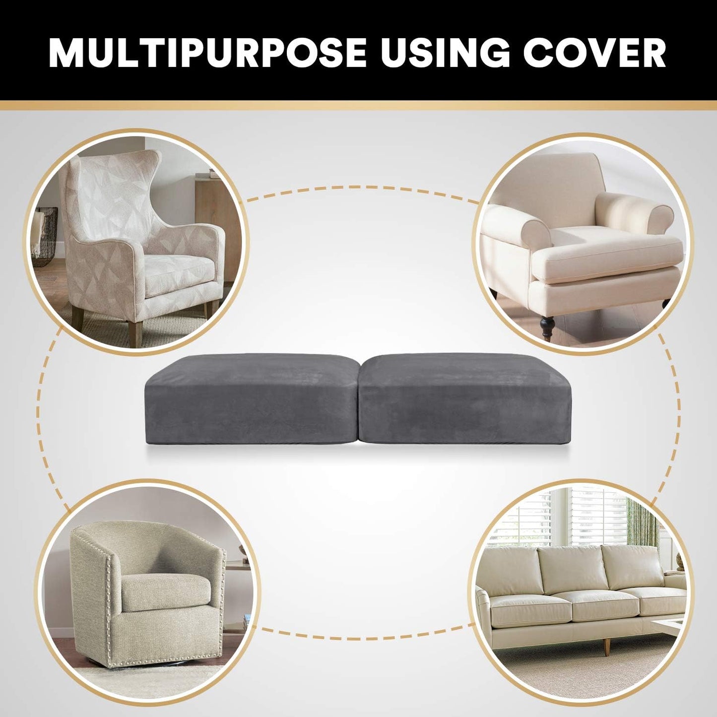 PrinceDeco Stretch Velvet Couch Cushion Covers for Individual Cushions Sofa Cushion Cover Seat, Sofa Covers Washable, Couch Seat Cushion Covers for Sectional (2 Pieces, Grey)