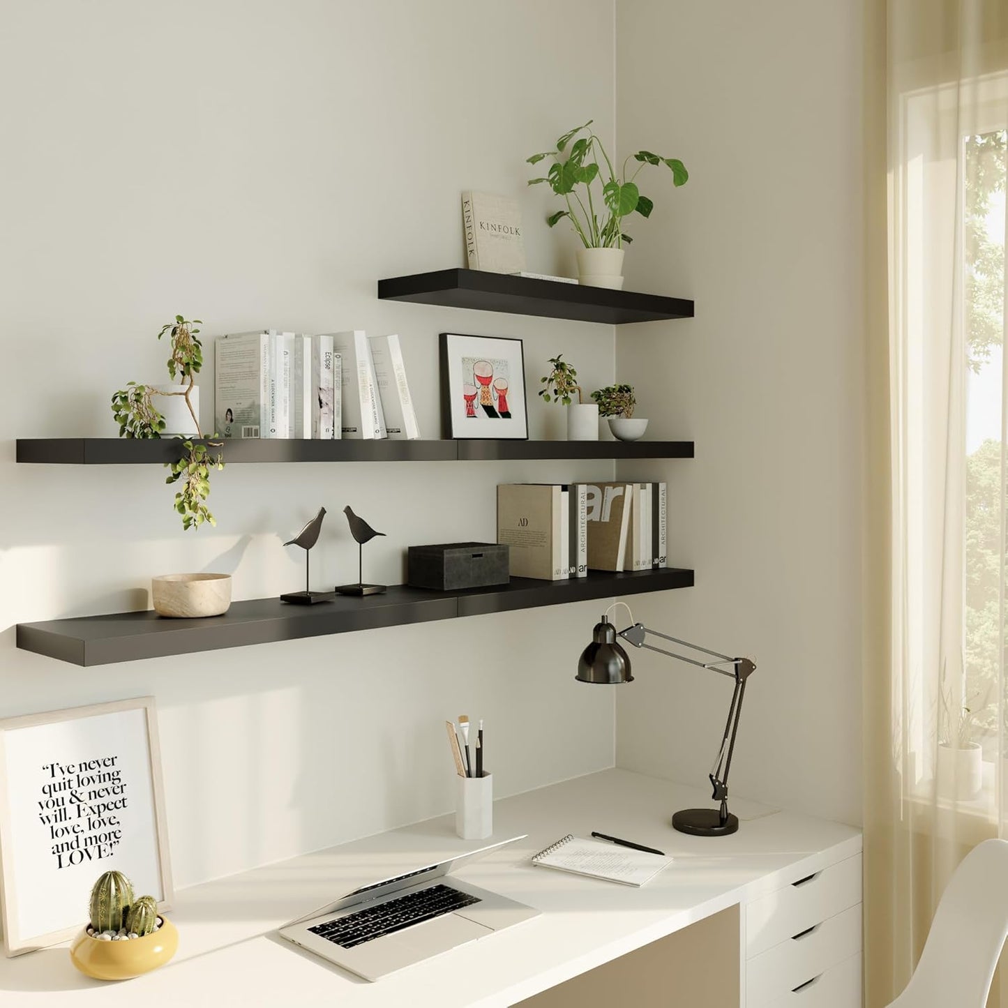 Large Floating Shelves for Wall Set of 3 Wooden Wall Shelves 24 in x 12.75 in x 2 in Room Decor Long Shelf with Invisible Wall Mount Bracket for Bedroom Kitchen Living Room Black