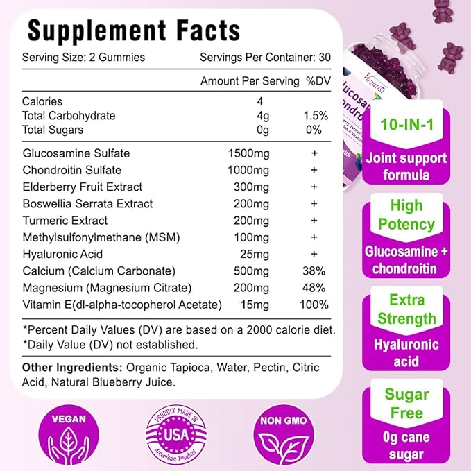Sugar Free Glucosamine Chondroitin Gummies, 1500mg 60 Cts