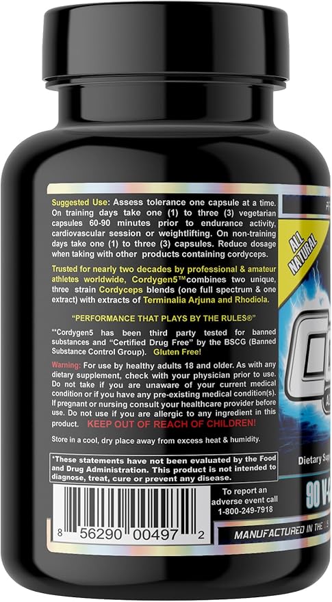 MST Millennium Sport Technologies, Cordygen5, US Grown Cordyceps ATP Supplement, Terminalia Arjuna Extract, Preworkout and Pre Endurance, Immune Support, BSCG Certified Drug Free, 90 VCaps