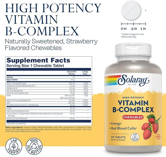 Solaray Vitamin B-Complex Chewables, Strawberry, Healthy 50 Tablets