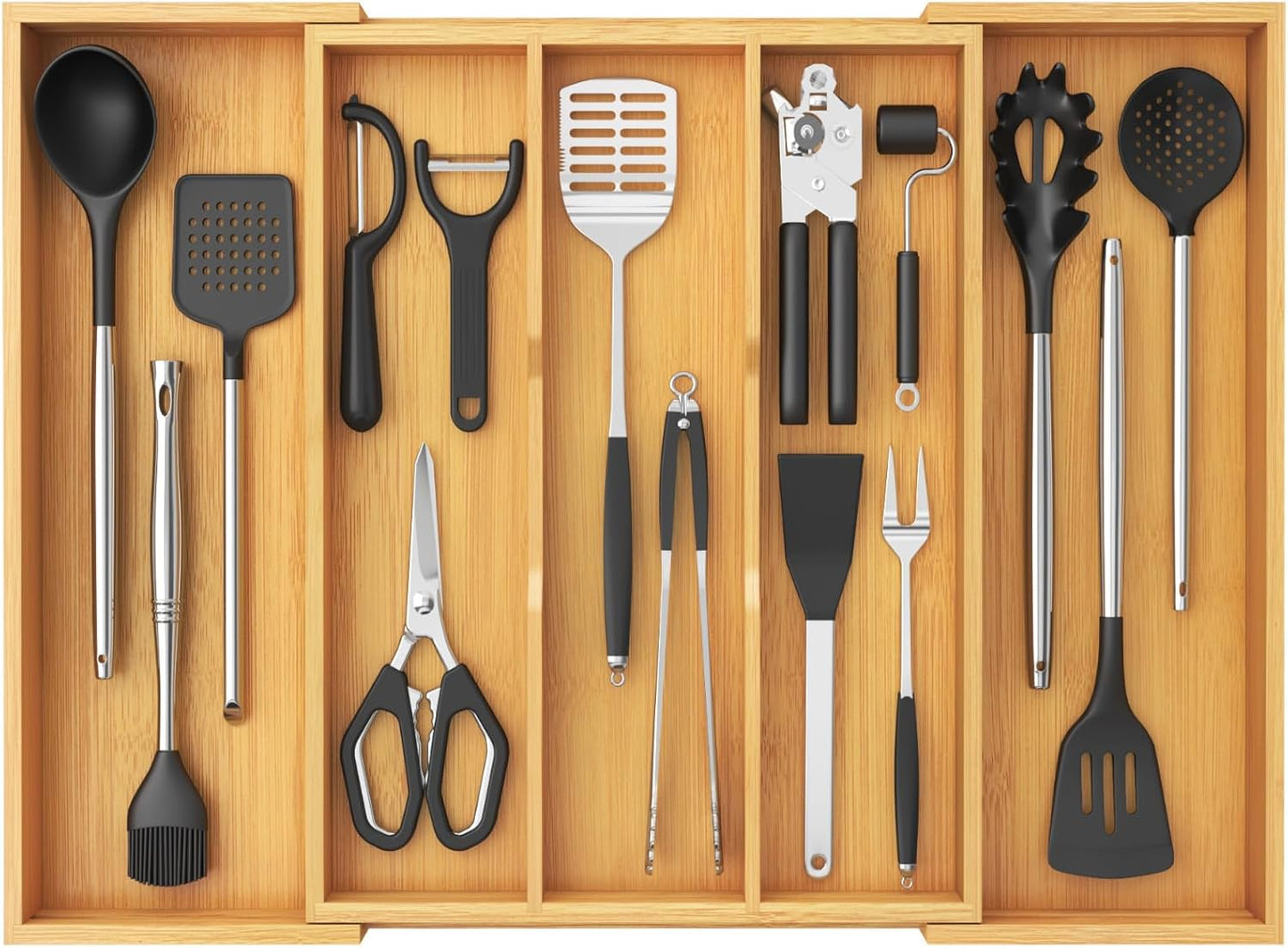 Lifewit Utensil Organizer for Kitchen Drawer, Expandable Cooking Utensil Tray, Bamboo Cutlery Silverware Flatware Holder, Adjustable Spatula Tools Gadget Storage Divider, 28 x18.5 x 2 inches, Natural