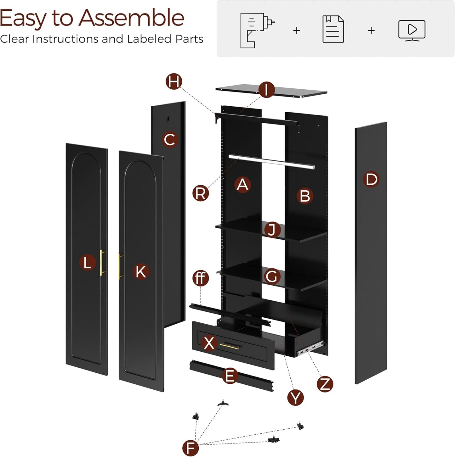 71" Metal Armoire Wardrobe Closet with 2 Doors and Drawer, Tall Wardrobe Cabinet with Hanging Rod and Adjustable Shelves, Black Clothing Storage Cabinets for Bedroom, Home Office