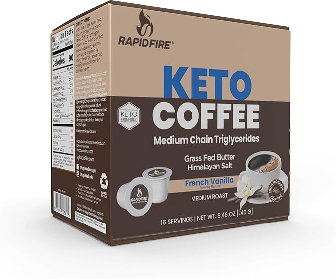 Rapidfire French Vanilla Ketogenic High Performance Keto Coffee Pods, Supports Energy & Metabolism, Weight Management, Single Serve K Cup, Brown, 16 Count