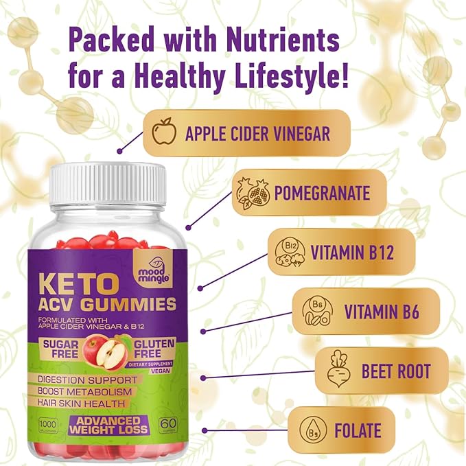 Keto ACV Gummies Gluten & Sugar-Free Apple Cider Vinegar Gummies for Advanced Weight Loss - Rapid Fat Burner Diet Supplement for Women Men - 60 Gummies (1000MG)