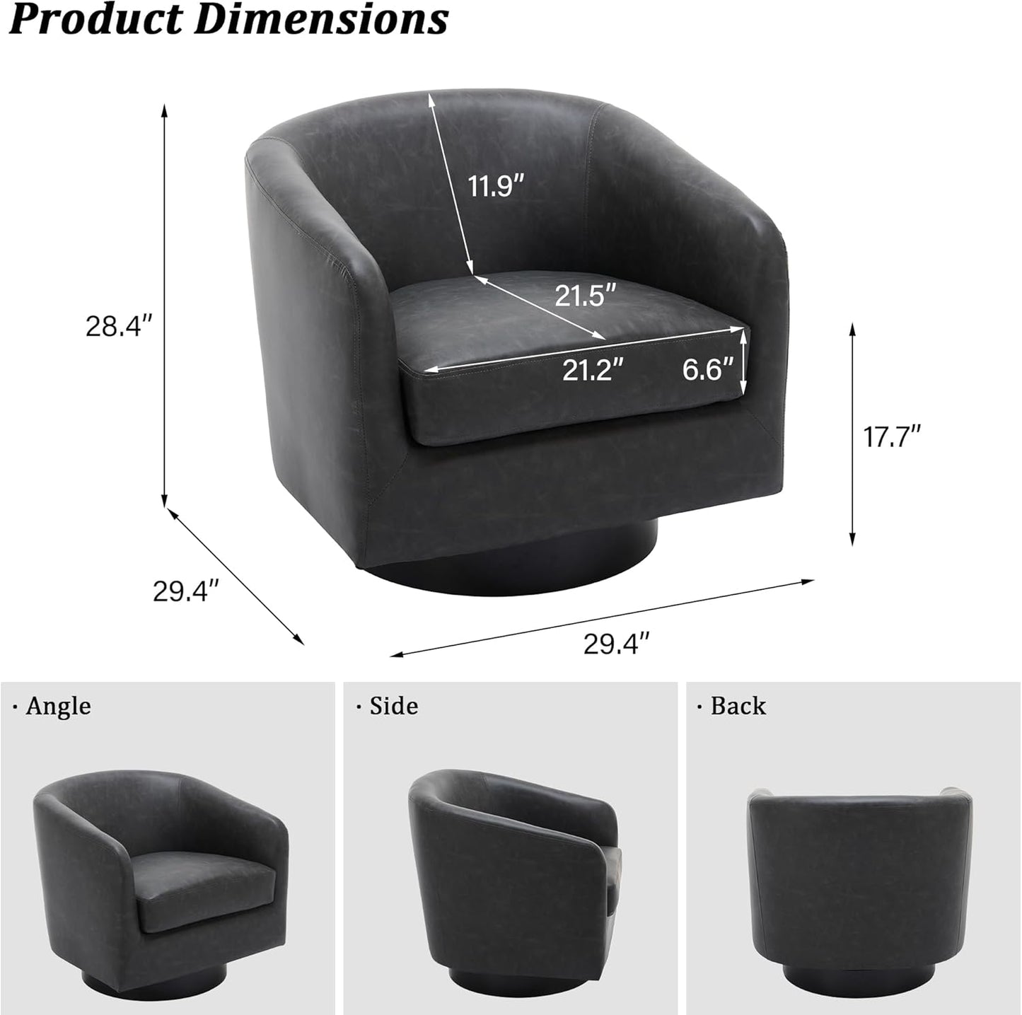 Swivel Barrel Accent Chair, Modern Round Faux Leather Arm Chair for Living Room, Bedroom, Comfy Club Reading Chairs for Adults (Faux Leather, Black Grey, Set of 2)