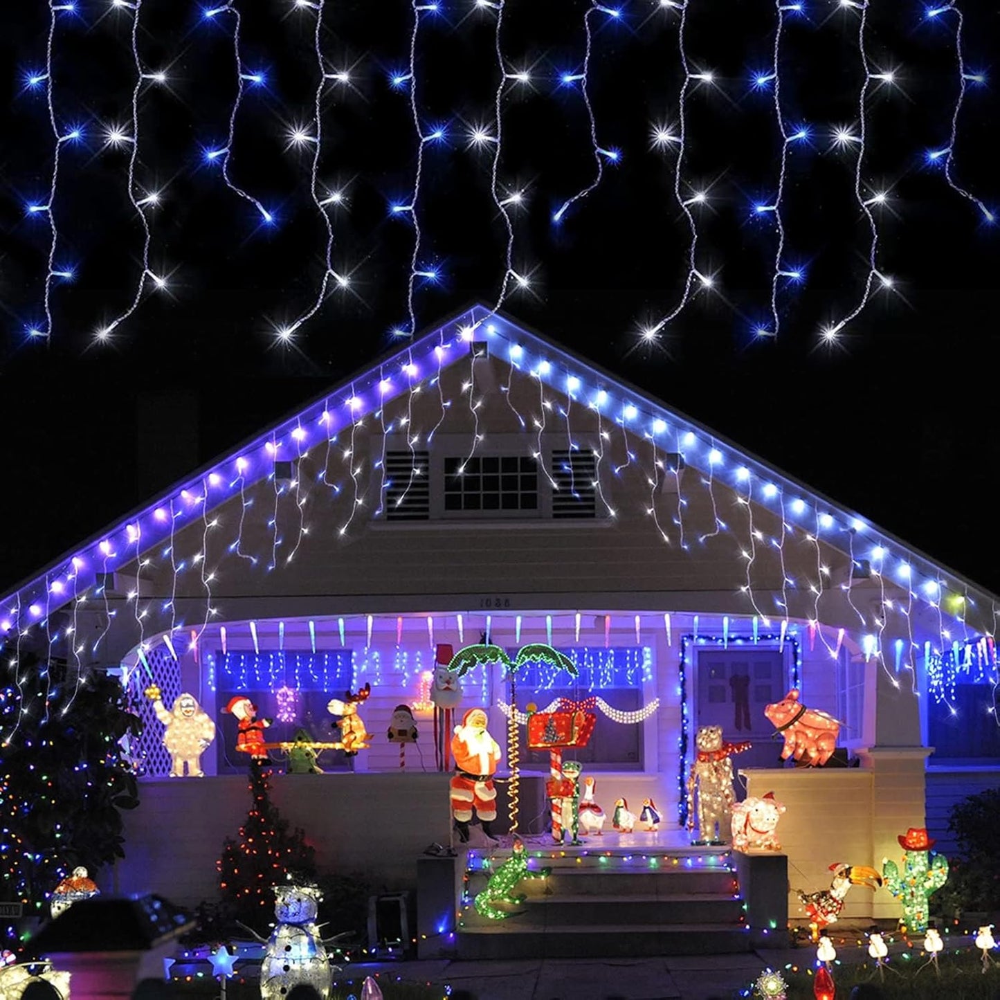 YEGUO 33ft 400 LED Blue and White Icicle Lights Outdoor Waterproof, 80 Drops Icicle String Lights Connectable, 8 Modes Icicle Christmas Lights with Memory Timer