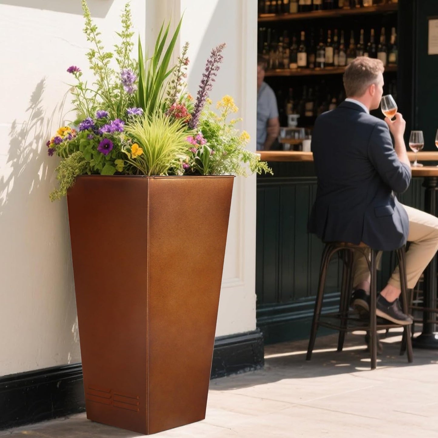 Worth Garden 28" H. Large Metal Planter Set of 2, Classic Matte Bronze Retro Finish Tall Square Tapered Steel Flower Plant Pots for Indoor & Outdoor Use - Insert Plate with Drain Holes, Air Vents