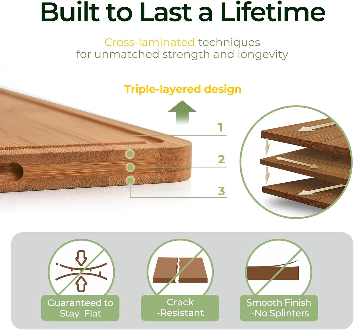 Bamboo Cutting Board, Durable Wood Cutting Boards for Kitchen with Deep Juice Grooves & Built-in Handles, Ideal Charcuterie & Chopping for Meat, Vegetables and Fruits Ideal Kitchen Gifts