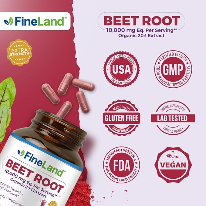 FineLand Beet Root 20x Full Spectrum Eq. to 10,000 mg Per Capsule, Extra Strength, Athletic Cardiovascular Support, Nitric Oxide, Blood Pressure Support, 120 Veggie Pills, 100% Vegan