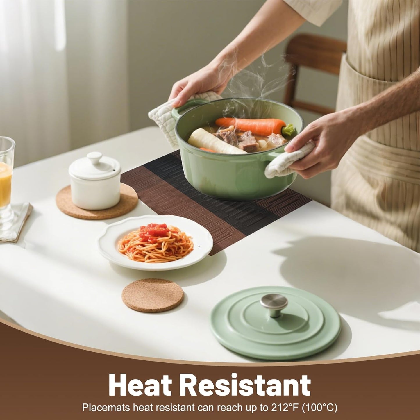 Placemats Set of 6,Non-Slip PVC Weave Table Mats Easy to Clean,Heat Resistant Place Mats for Kitchen Dining Table Decoration Indoor Outdoor,Black Brown