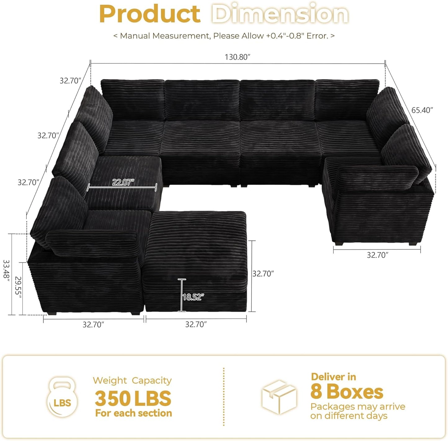 HOOOWOOO Modular Sectional Sofa,8 Pieces Sectional Couches for Living Room,131X98 G Shaped Cloud Couch with Ottoman Chaise(Black Velvet Corduroy)