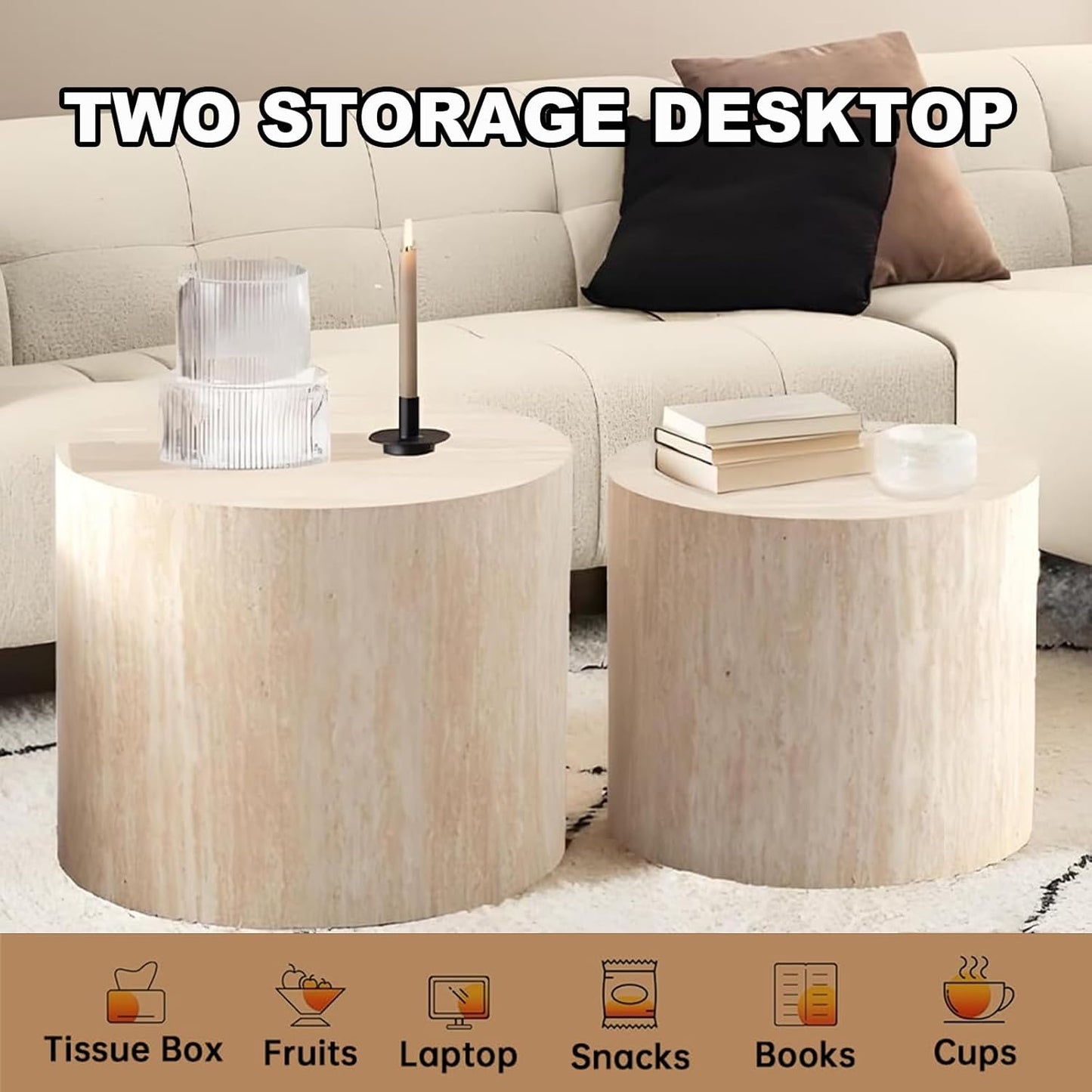 Nesting Coffee Table Set of 2 Modern Small Round Coffee Table and End Table Sets Wooden Drum Side Tables Circle Accent Center Tables for Living Room Apartment,No Assembly,Travertine