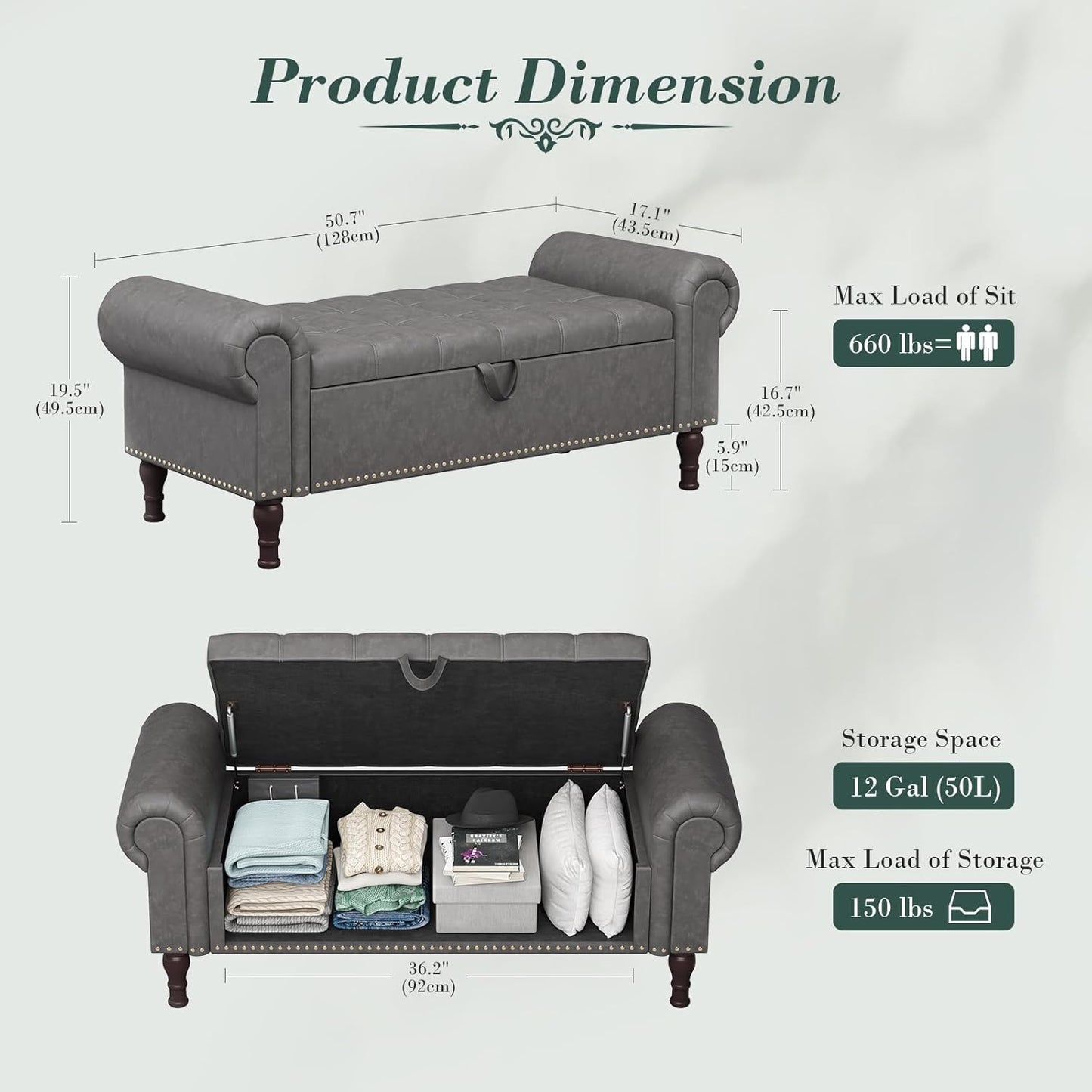 Apicizon 51”Bench with Storage, Upholstered Tufted Button Window Bench with Plenty Hidden Storage Space,Faux Leather Ottoman Bench for Bedroom, Living Room, Entryway,Gray
