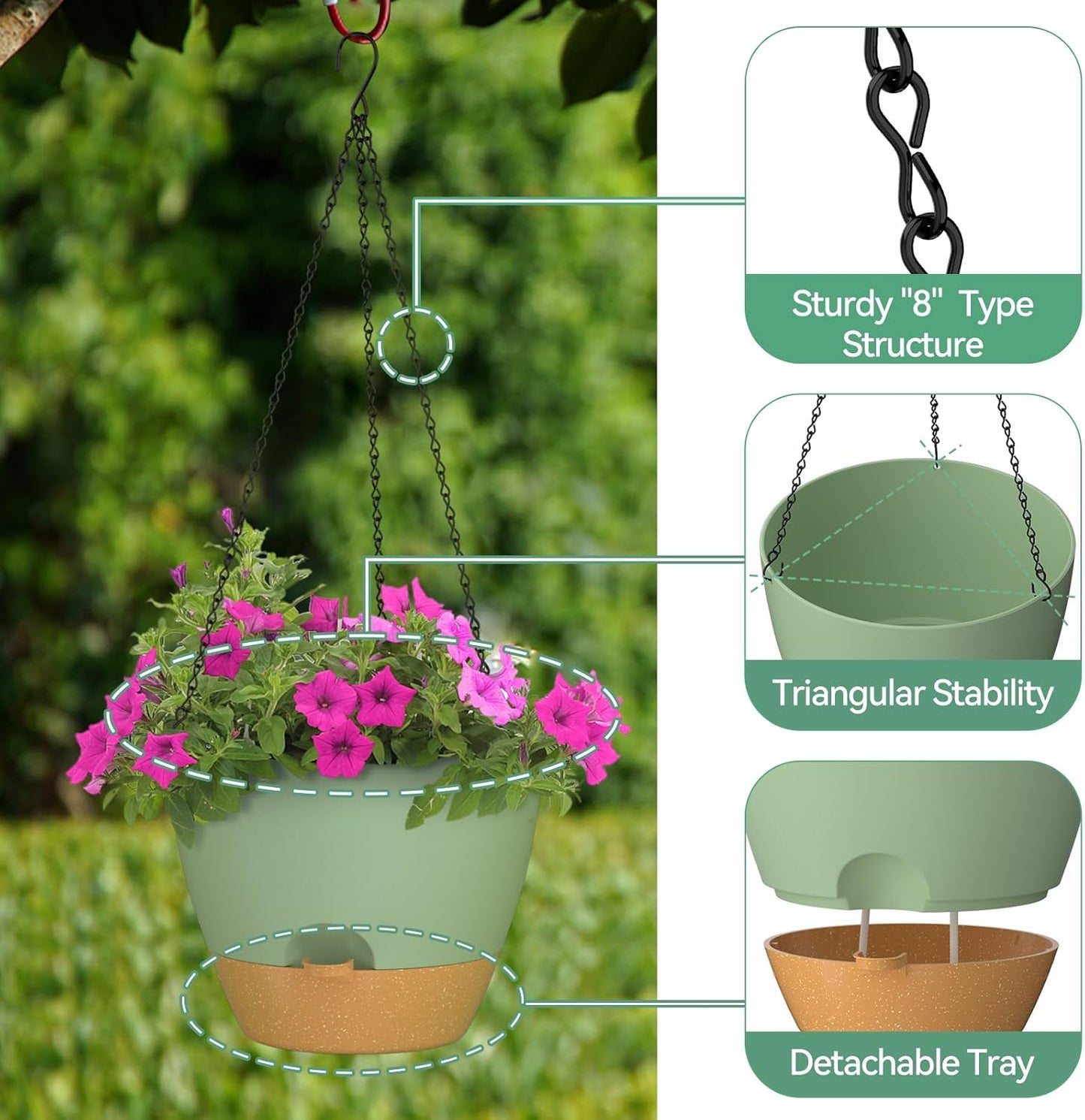 ZMTECH 12 Inch Hanging Planters for Indoor Outdoor Plants, 1 Pack Self Watering Hanging Plant Pots with Drainage Holes and Removable Saucer, Plastic Flower Hanging Pots with Watering Lip (Green)