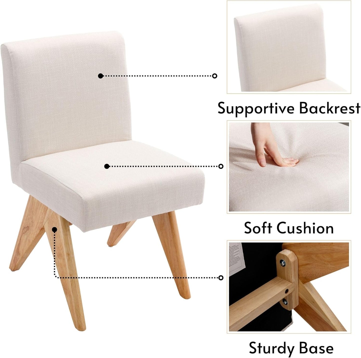 Mid Century Modern Farmhouse Dining Chairs Set of 4, Upholstered Armless Kitchen Chairs with Back and Wooden Legs, Linen Beige