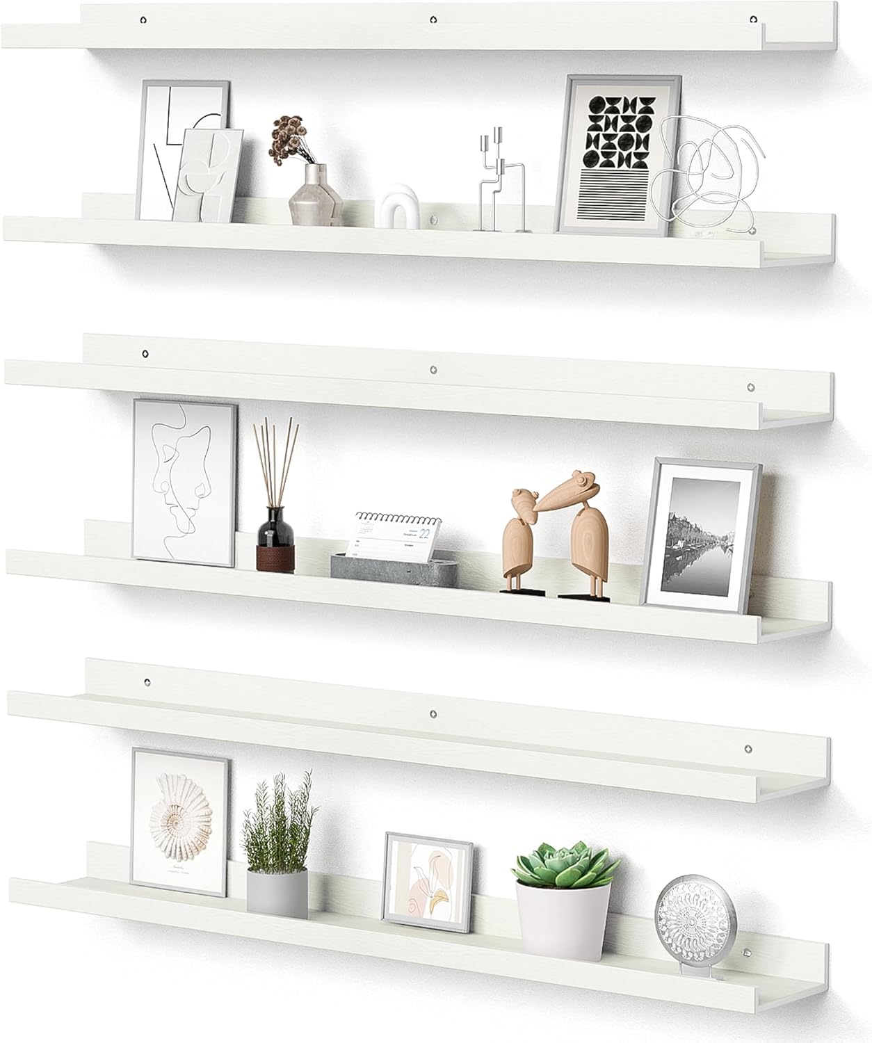 upsimples Floating Shelves for Wall, Wall Shelves for Decor Storage Set of 6, Wall Mounted Wood Shelf for Bedroom, Living Room, Bathroom, Kitchen, 35.5 inch Long Picture Ledge Shelf, White