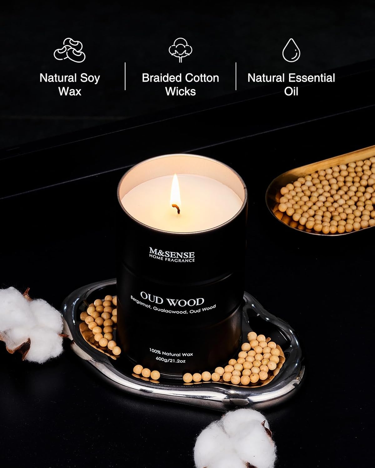 M&SENSE Oud Wood Large Scented Candles Natural Soy Wax, 21.2oz Long Lasting Up to 120 Hours Burning Time, Unique Candle Gifts for Men Women