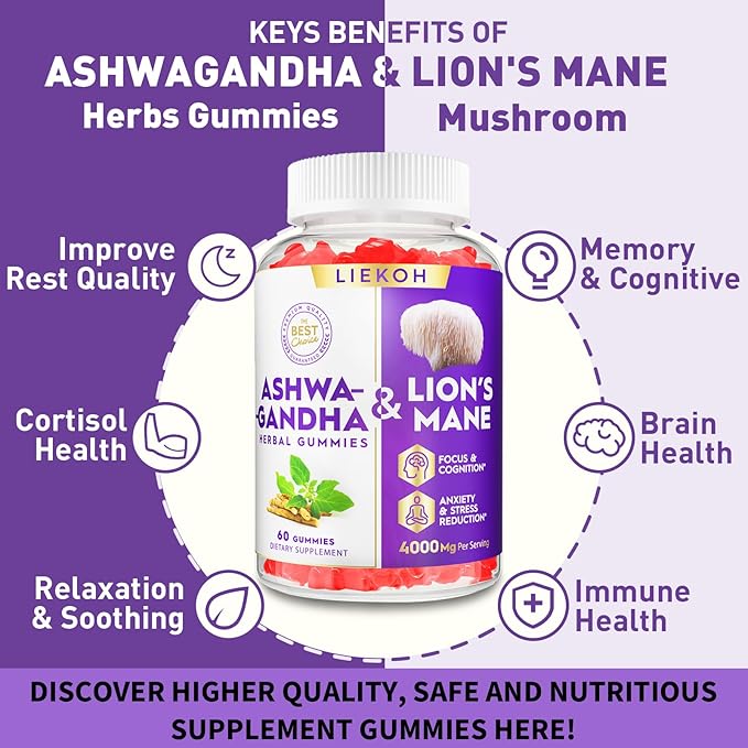Ashwagandha & Lions Mane Gummies for Adults -Cortisol and Brain Health, 4000mg Ultra Strength Lion's Mane Mushroom Supplements, Berry Flavor - Packs of 4