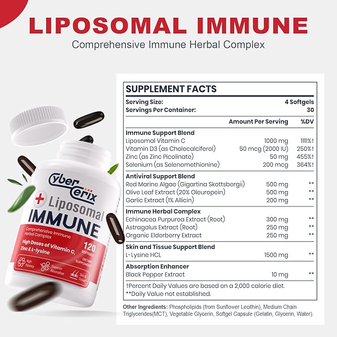 Advanced Liposomal Immune Supplement, Complex 1,500mg, Vitamins, 120 Capsules