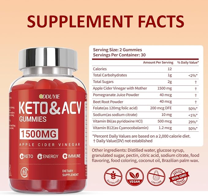 Keto ACV Gummies - 1500mg Apple Cider Vnegar Gummies - with Pomegranate Beetroot & Vitamin B12 B6 - GMO Free & Made in USA - 60 Count