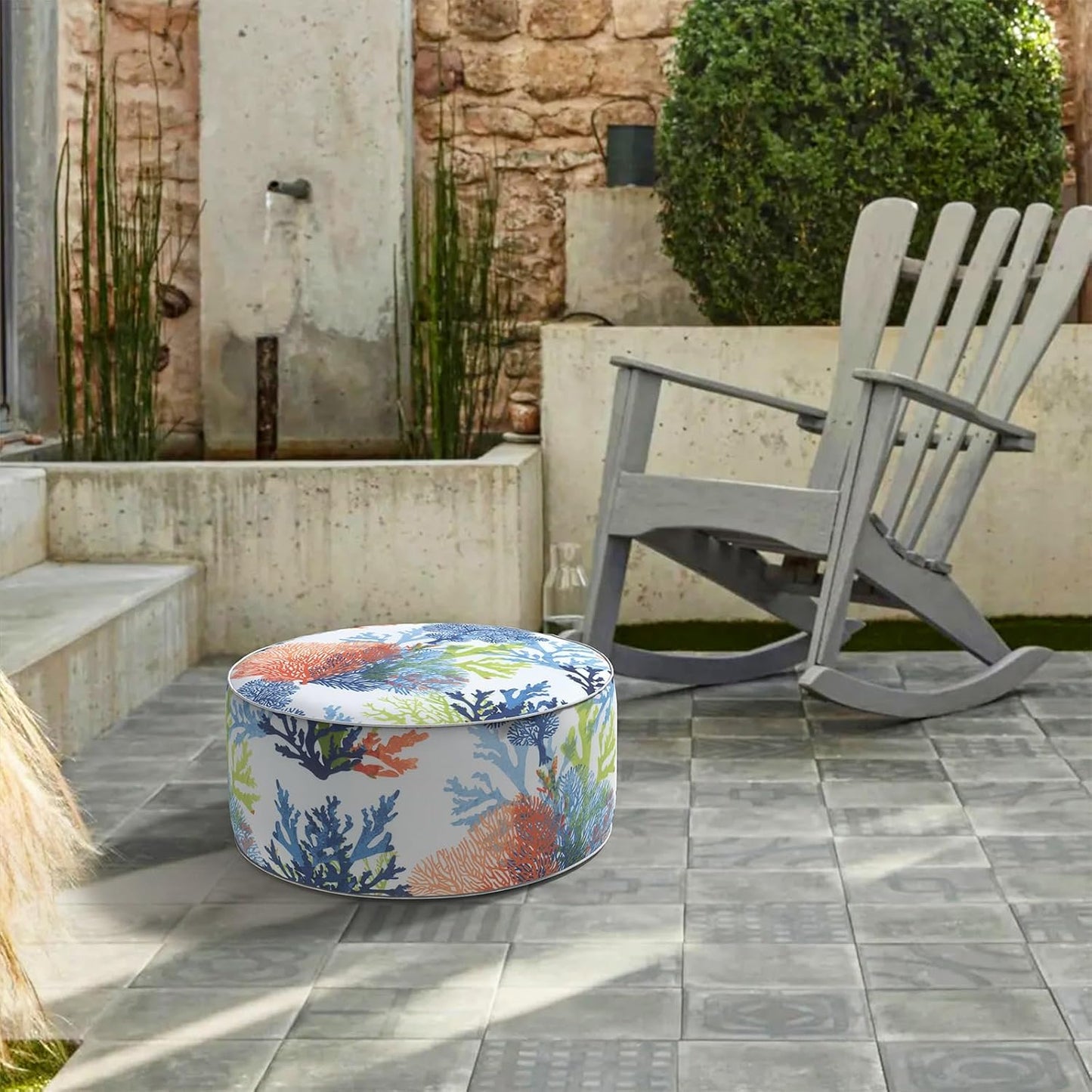 LVTXIII Outdoor Inflatable Ottoman, Patio Fade-Resistant Footrest Stool with Handle, Portable Round Ottoman Pouf for Patio Garden, Camping or Home Use, 21"x21"x9", Coral Multi