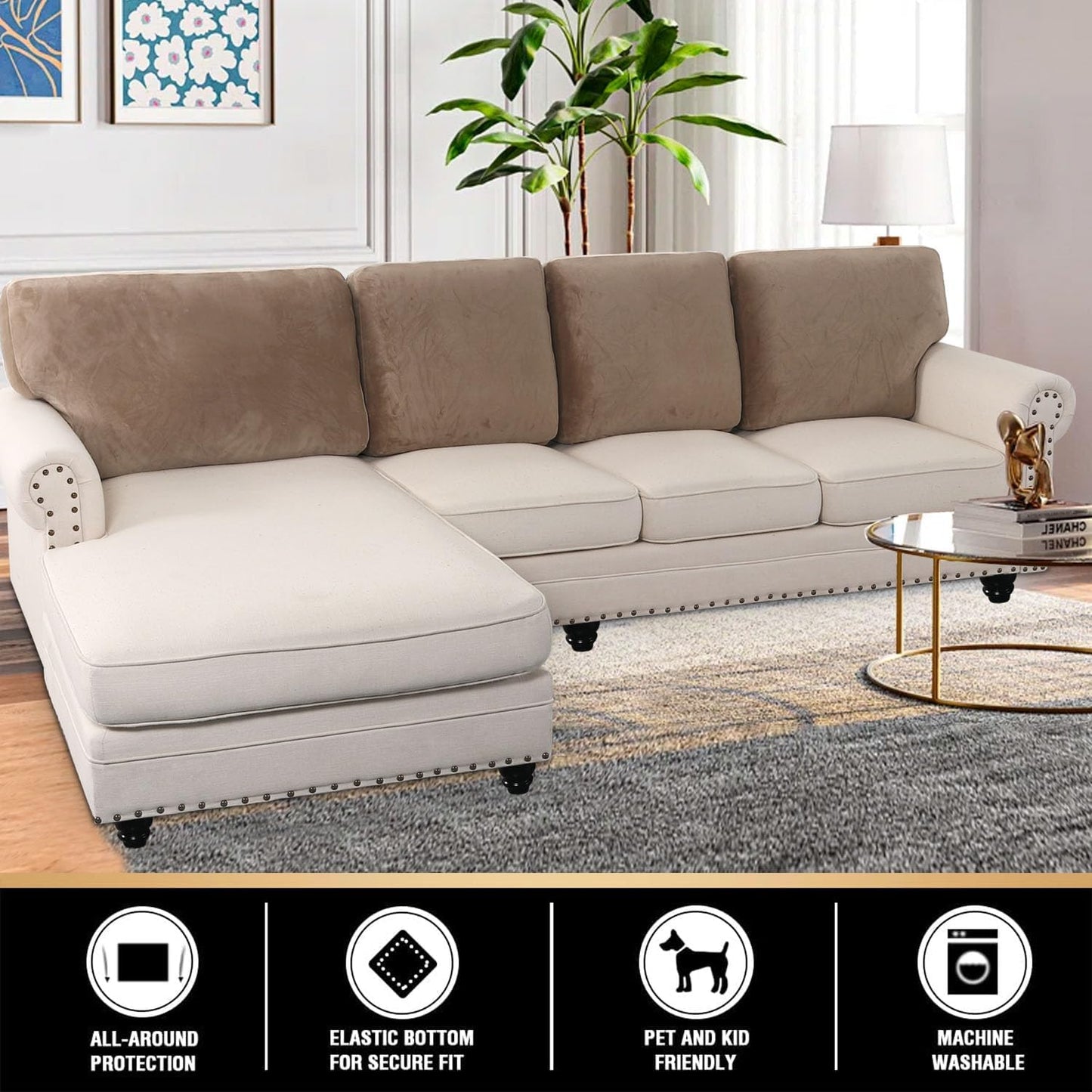 PrinceDeco Sectional Couch Covers Velvet Cushion Covers for Sectional Couch Washable Cushion Covers for Sectional Sofa Pet Friendly Sectional Sofa Slipcovers(1 Chaise Back+ 3 Sofa Back,Taupe)